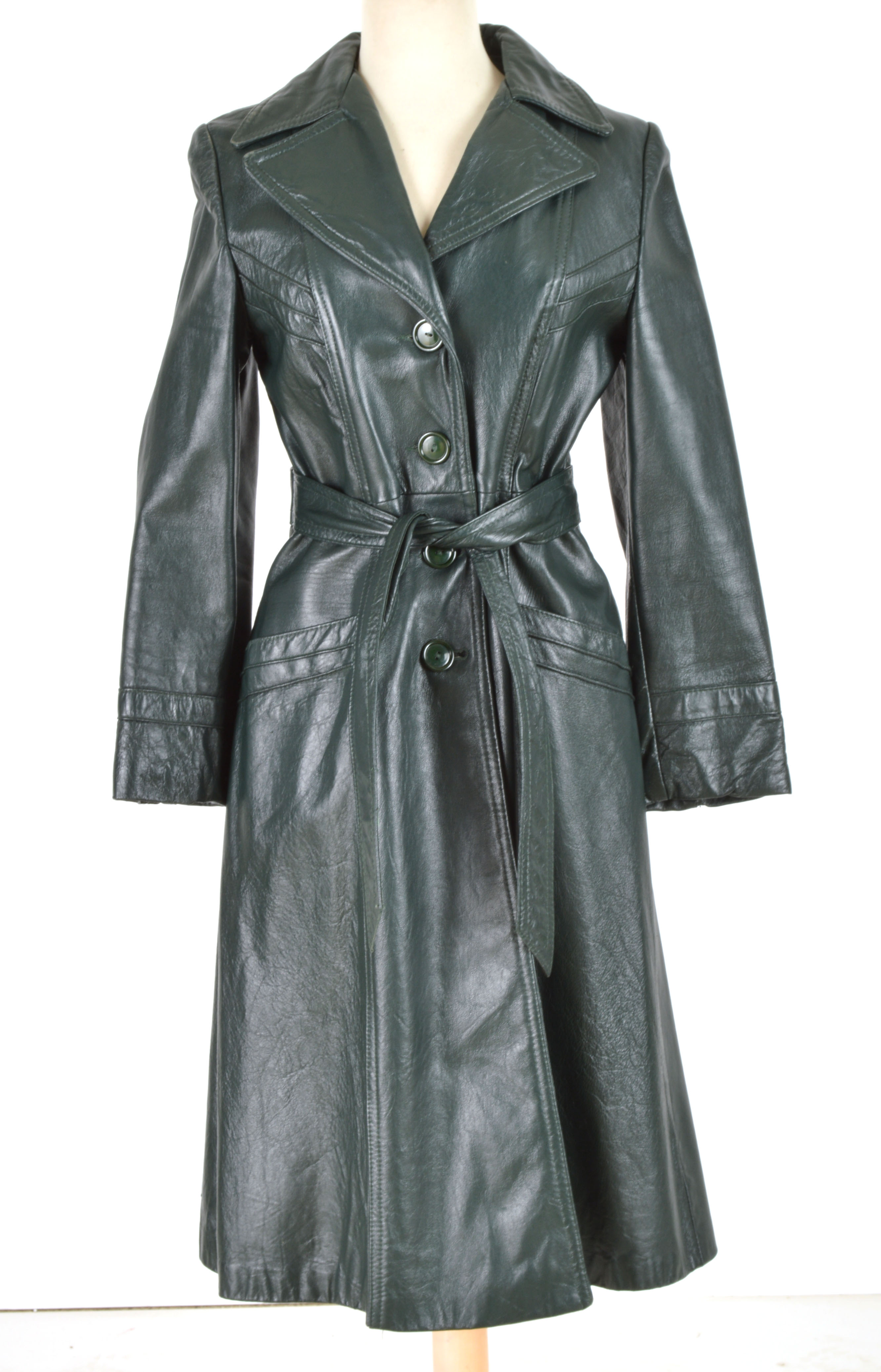 Classic 1970s Vintage Forest Green Leather Coat 