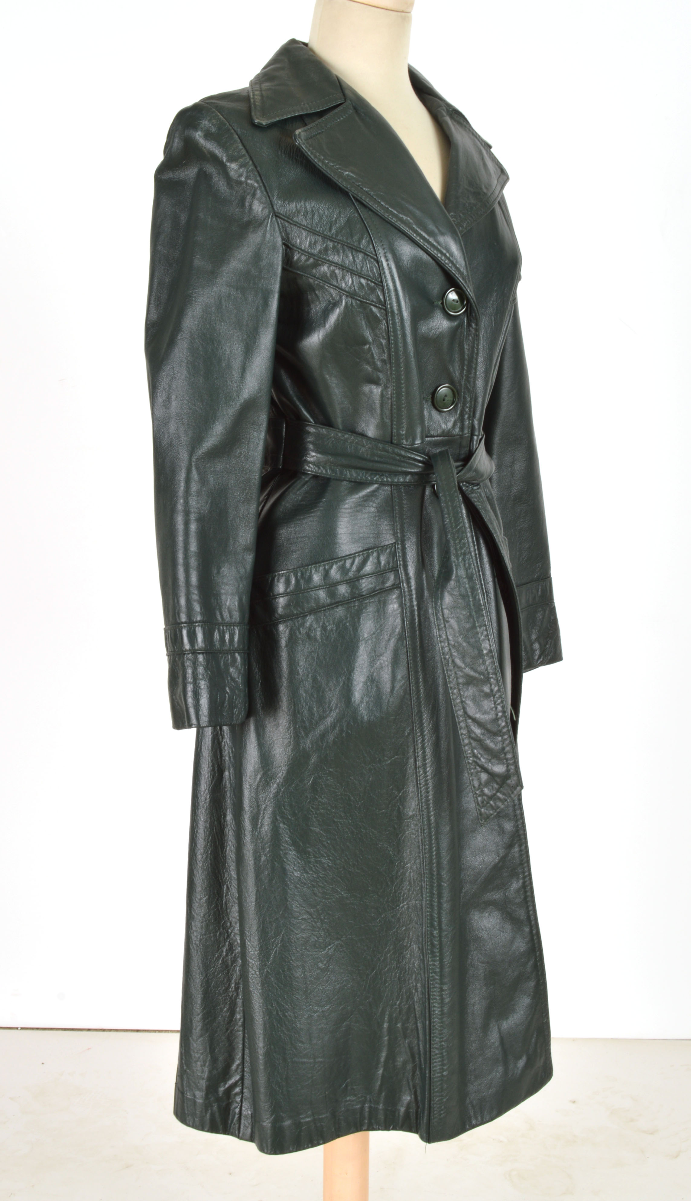 Classic 1970s Vintage Forest Green Leather Coat 