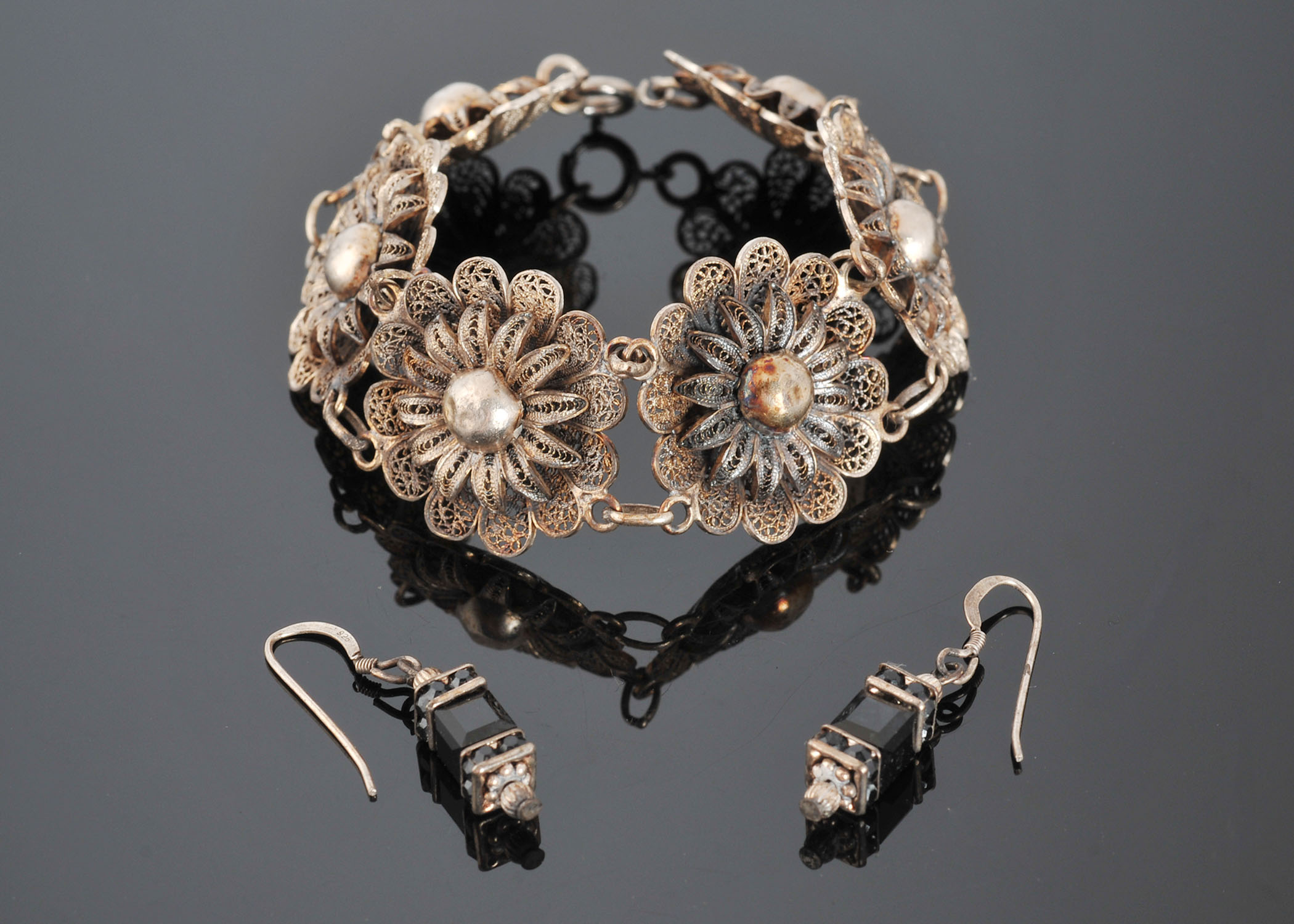 Vintage Floral Filigree Bracelet and Sterling Earrings