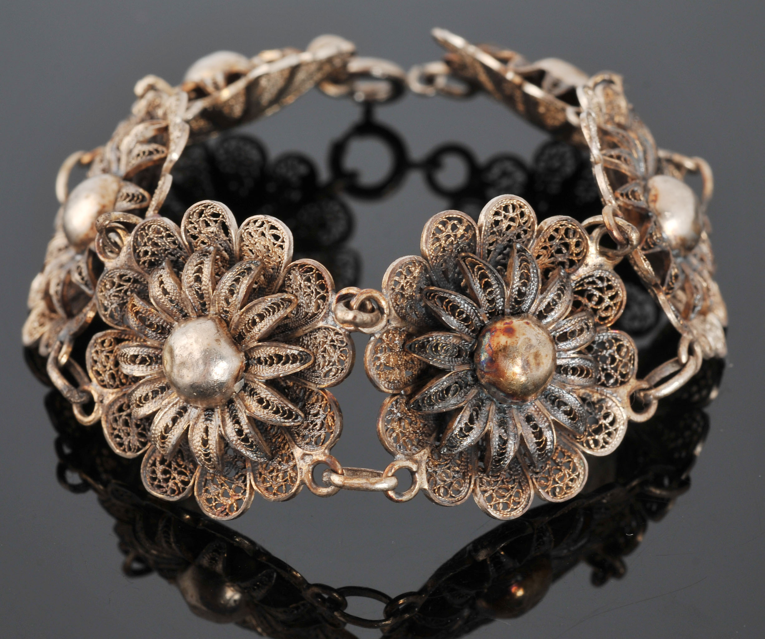Vintage Floral Filigree Bracelet and Sterling Earrings