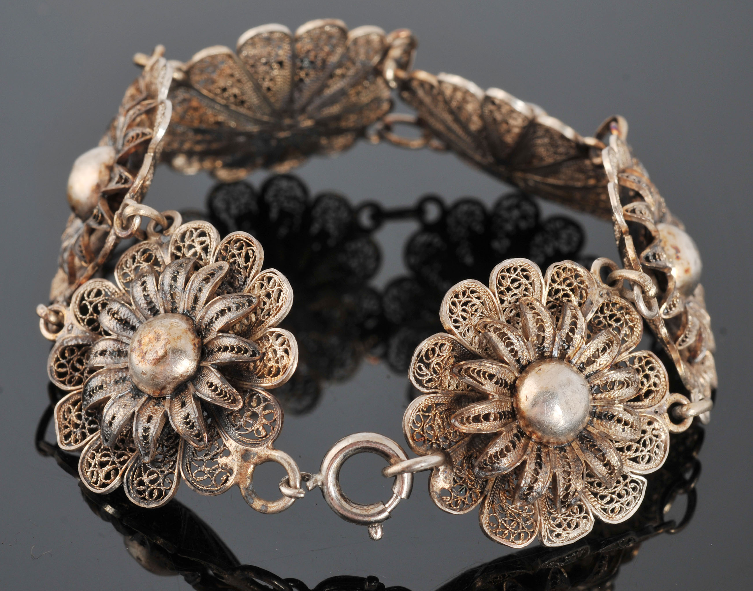 Vintage Floral Filigree Bracelet and Sterling Earrings