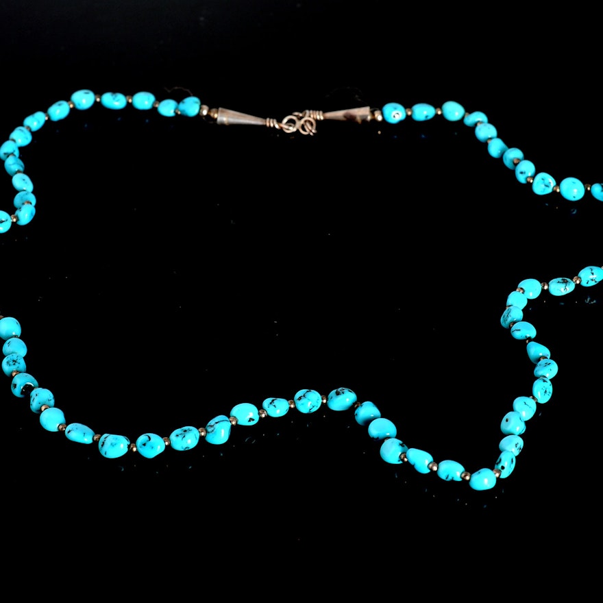 Unmarked Silver and Turquoise Beaded Necklace 