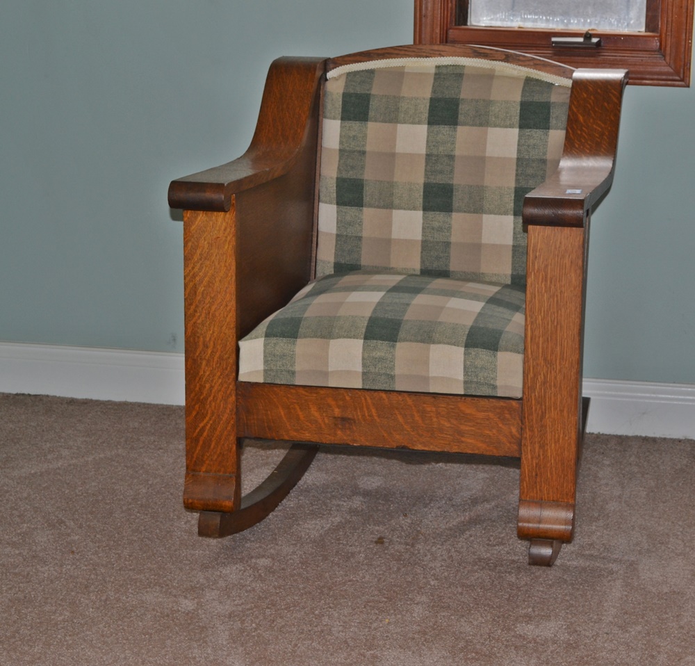 Vintage Arts & Crafts Style Upholstered Oak Rocking Chair 
