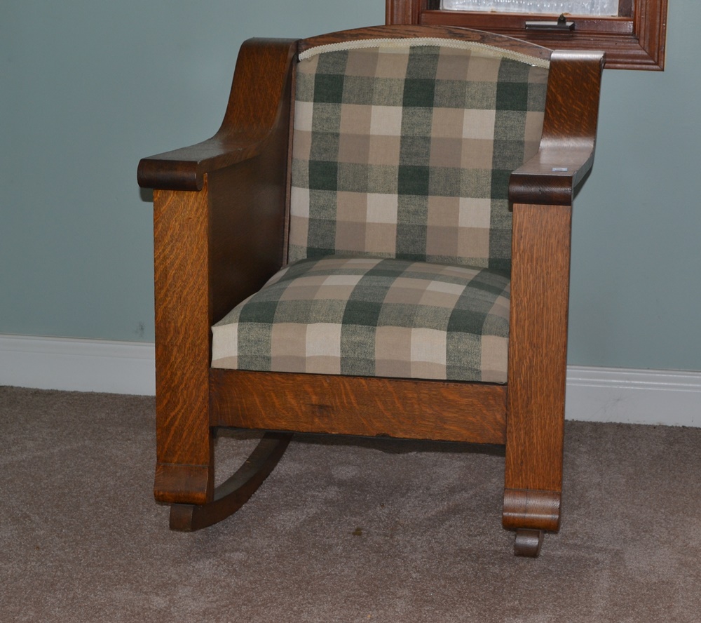 Vintage Arts & Crafts Style Upholstered Oak Rocking Chair 
