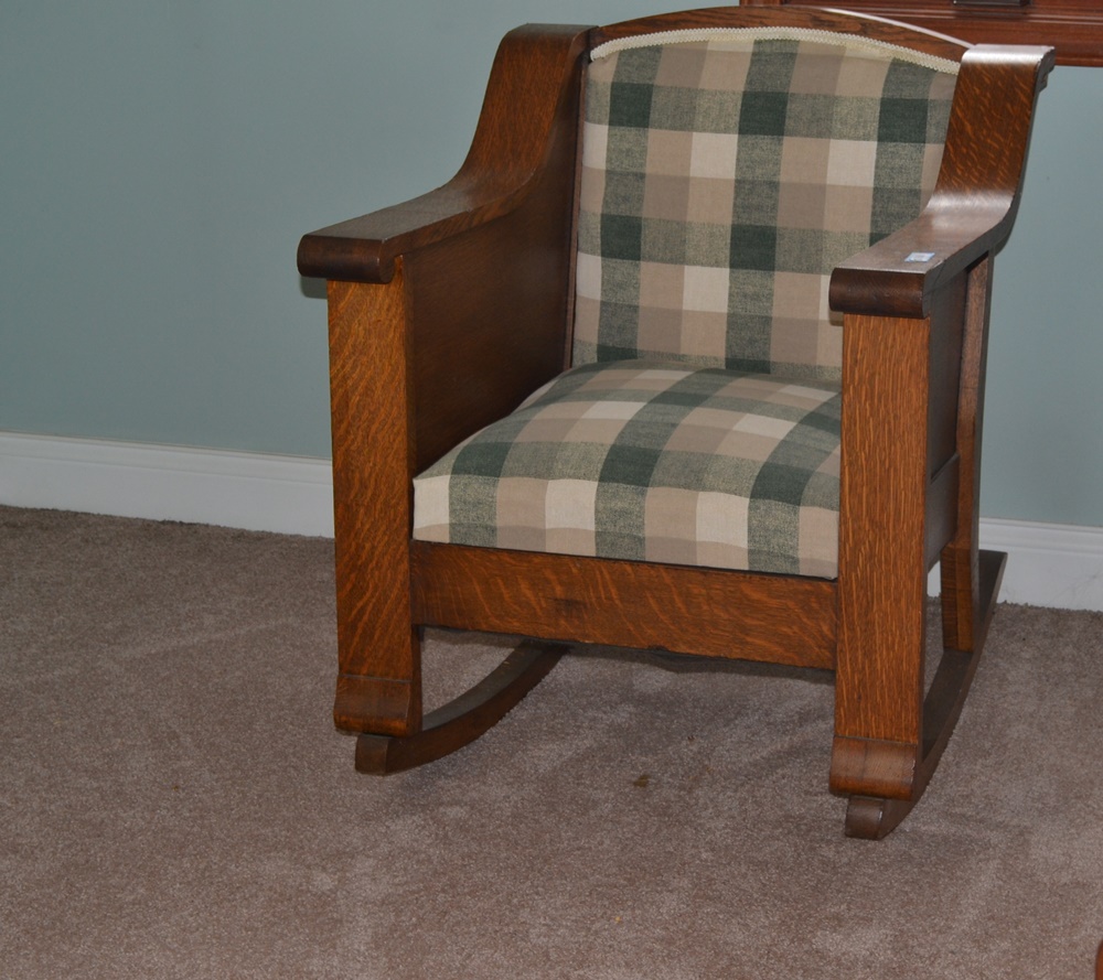 Vintage Arts & Crafts Style Upholstered Oak Rocking Chair 