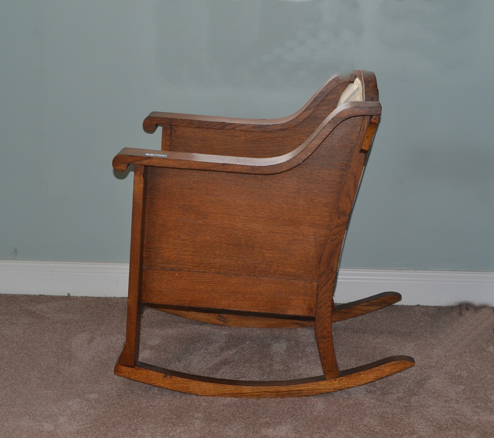 Vintage Arts & Crafts Style Upholstered Oak Rocking Chair 