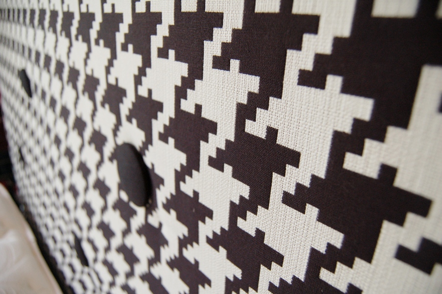 Queen Houndstooth Headboard, Mattress/Box Spring and Bedding