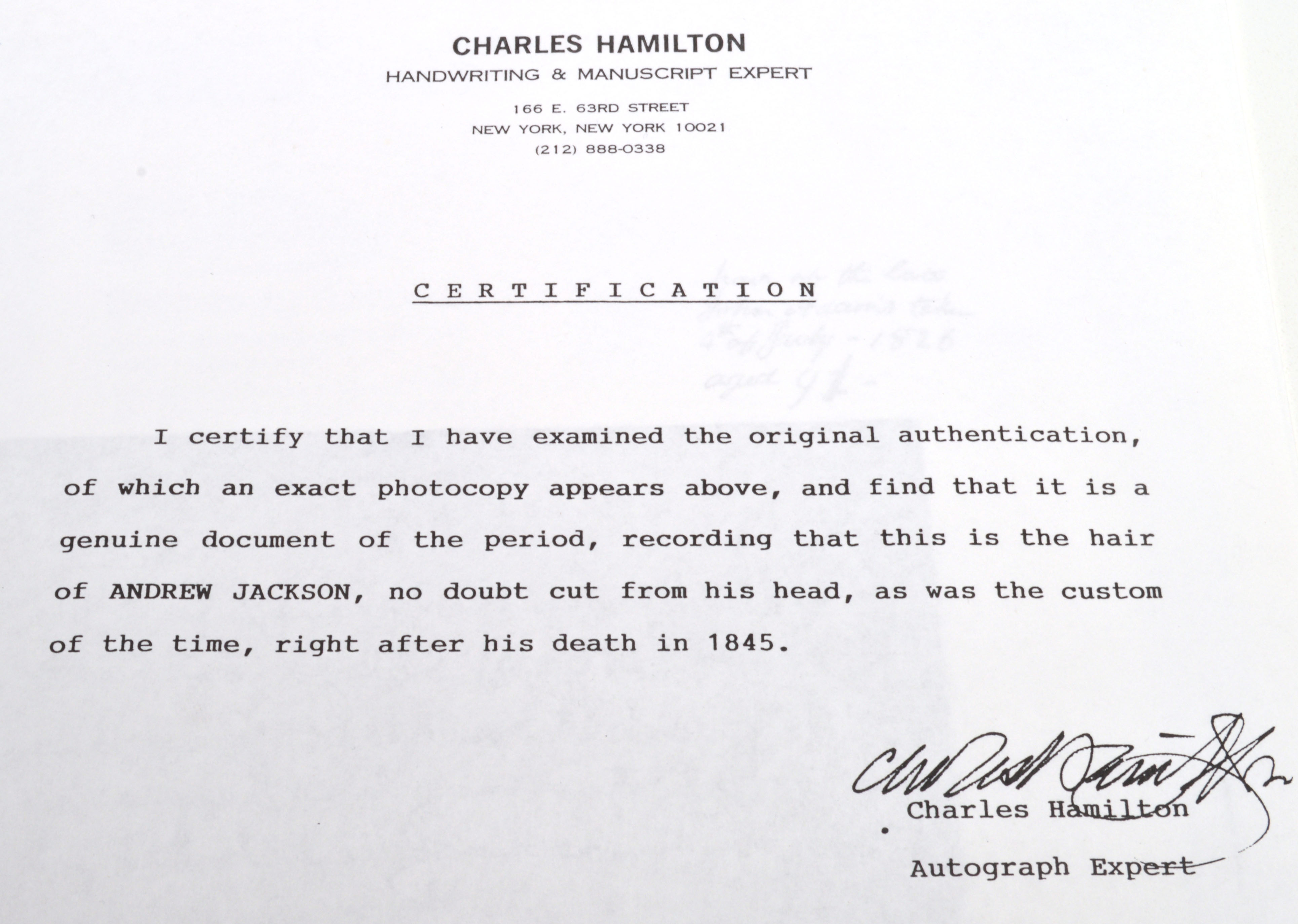 President Andrew Jackson Locks of Hair