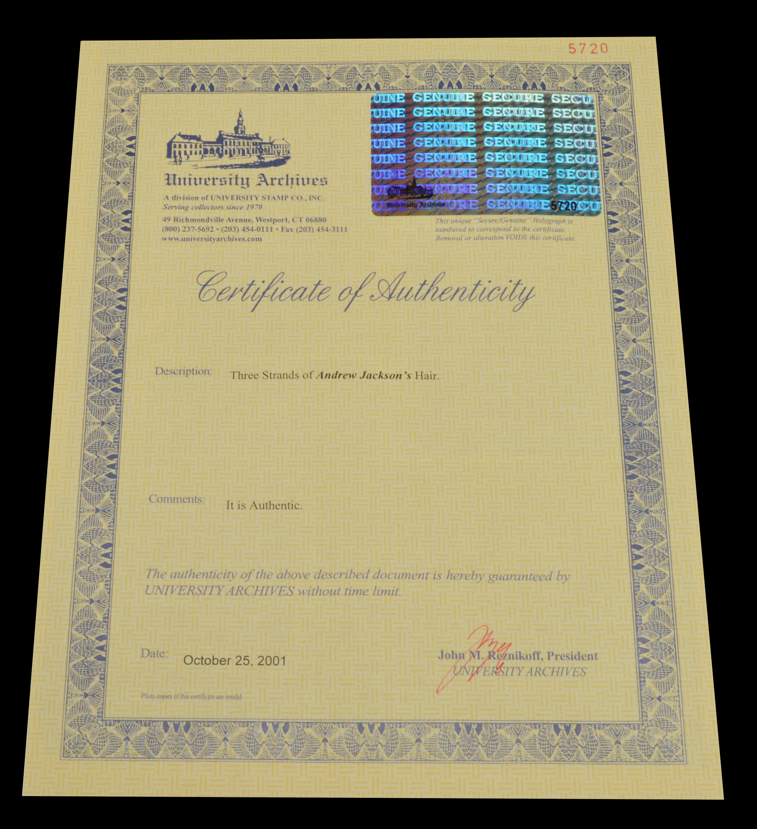 President Andrew Jackson Locks of Hair