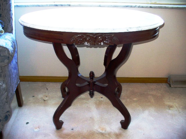 Marble Topped Oval Side Table with Mahogany Base and Legs