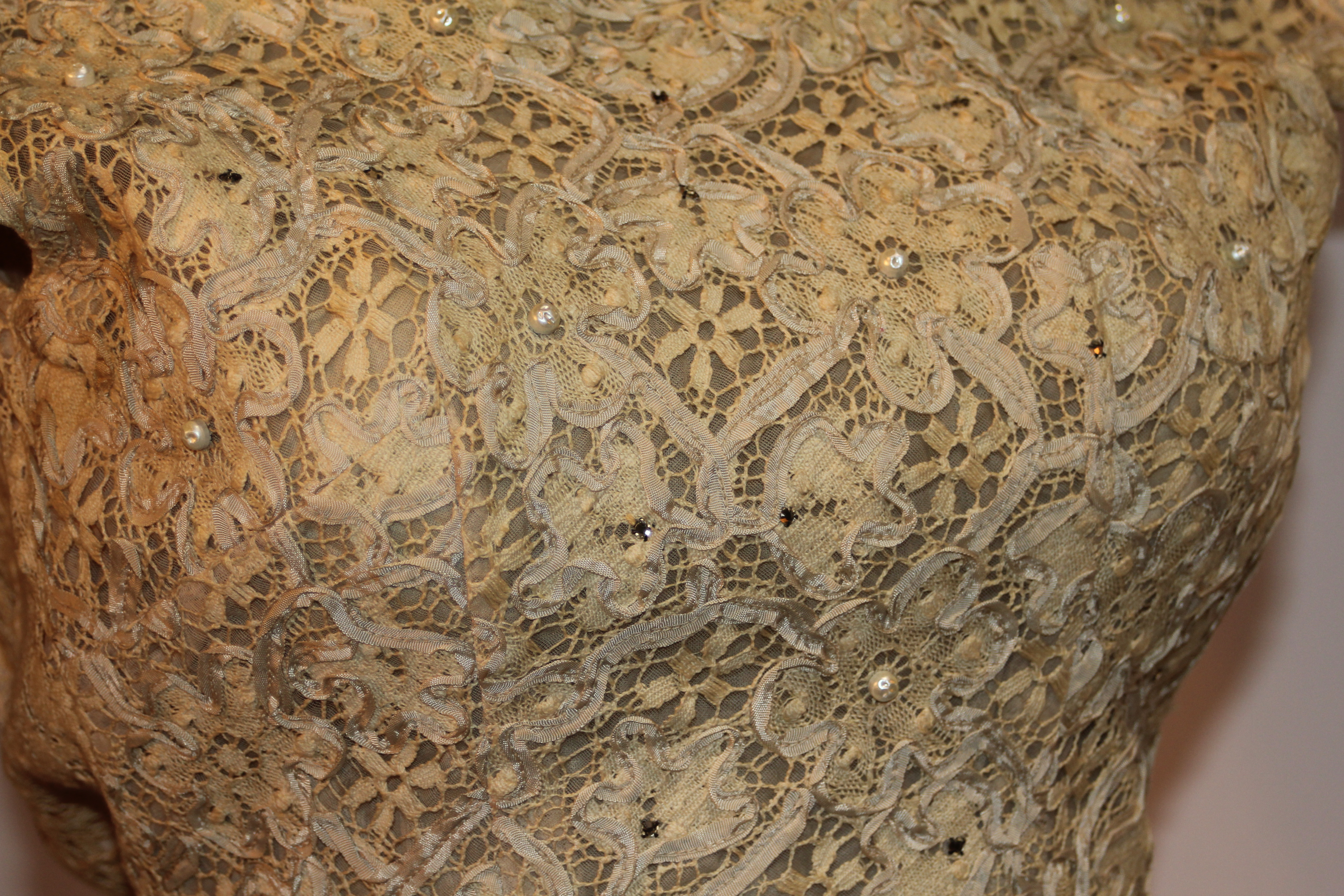 Vintage Lace and Linen Dress with Pleated Skirt