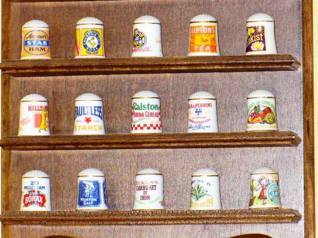 Wood Display Shelf with 25 Porcelain Thimbles