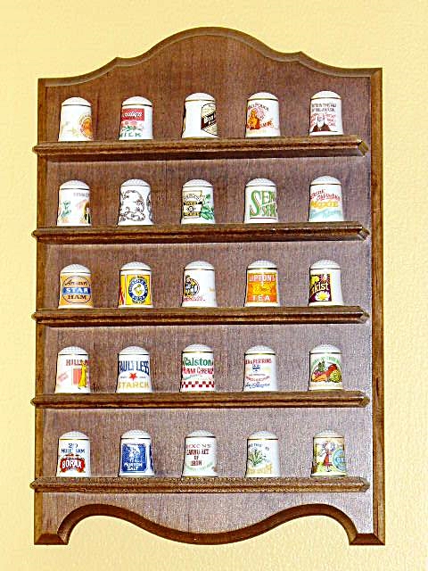 Wood Display Shelf with 25 Porcelain Thimbles