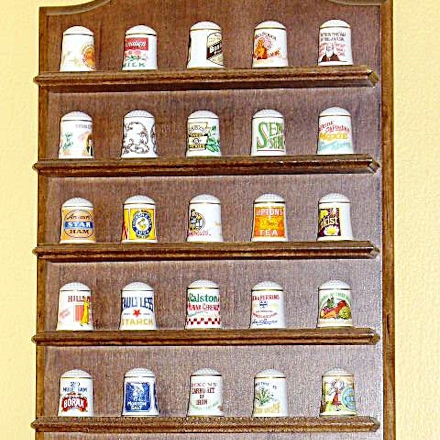 Wood Display Shelf with 25 Porcelain Thimbles