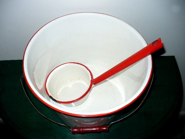 Vintage Enamel Water Pail, White and Red with Handled Dipper Cup