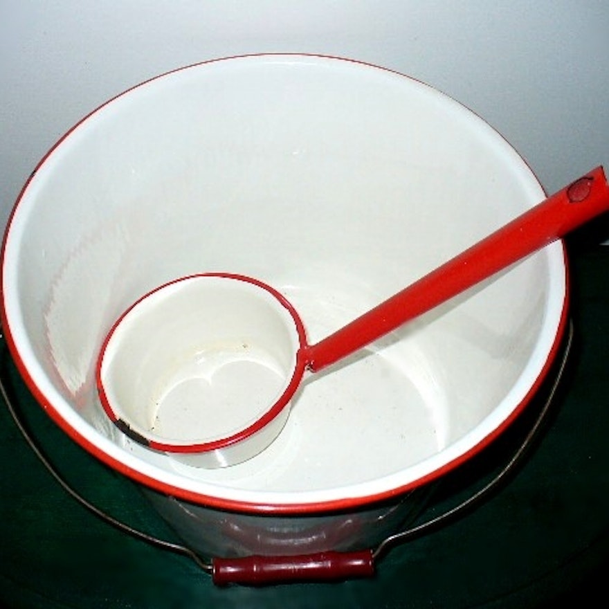 Vintage Enamel Water Pail, White and Red with Handled Dipper Cup