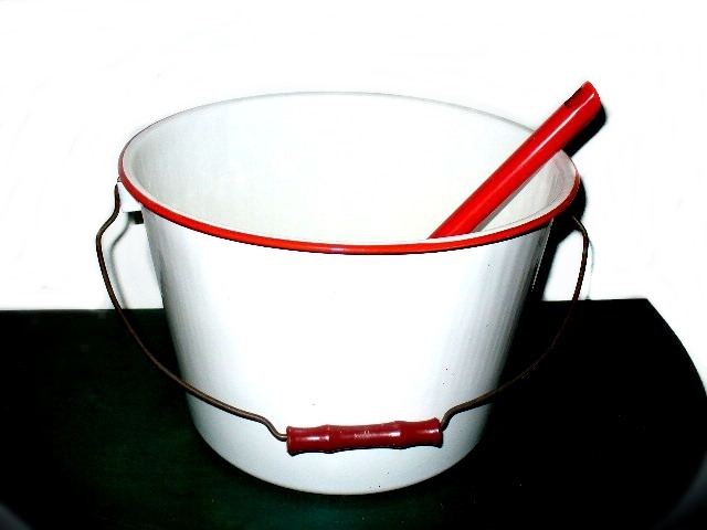 Vintage Enamel Water Pail, White and Red with Handled Dipper Cup