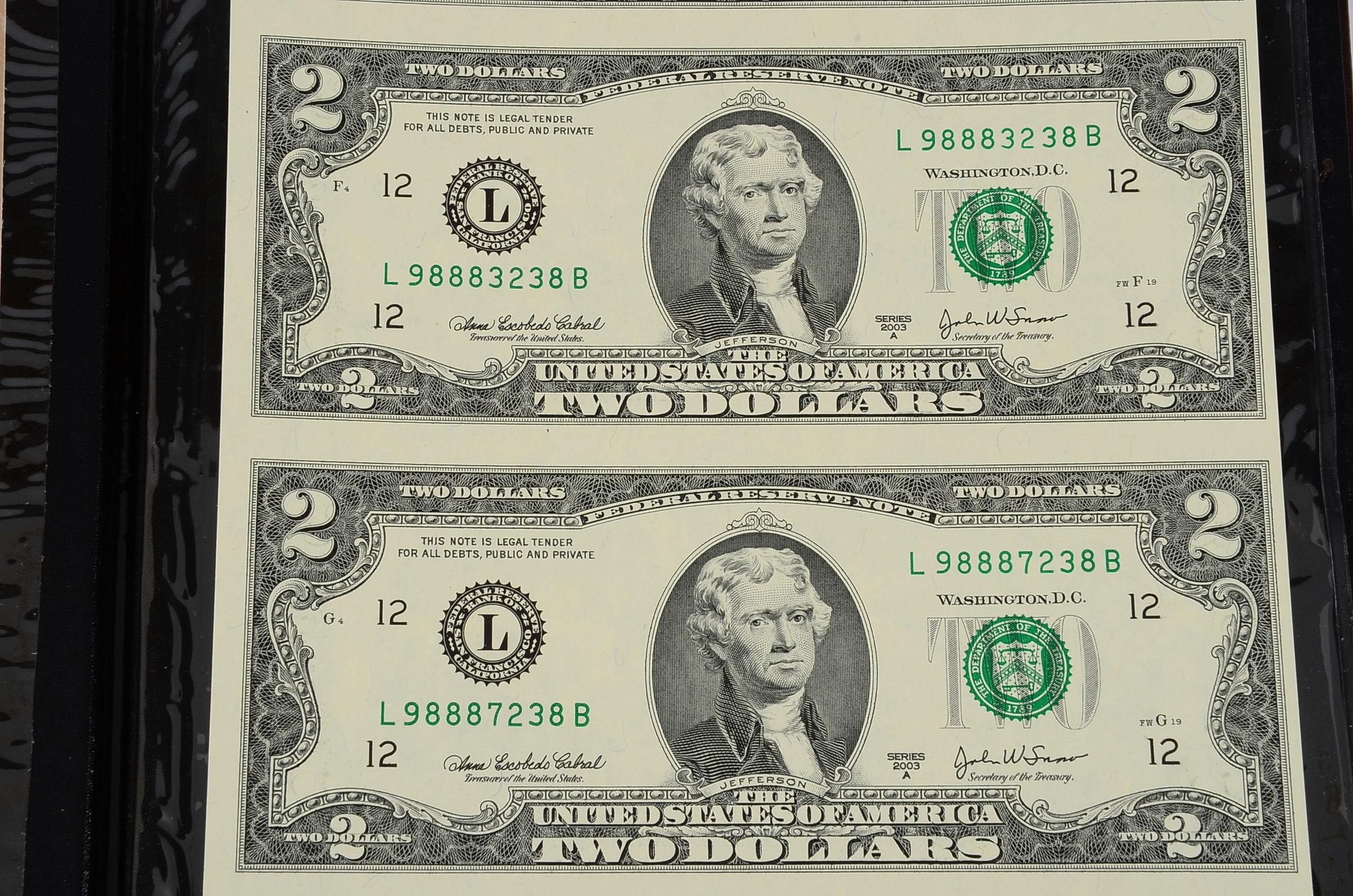 Uncut Two Dollar Bill Sheet