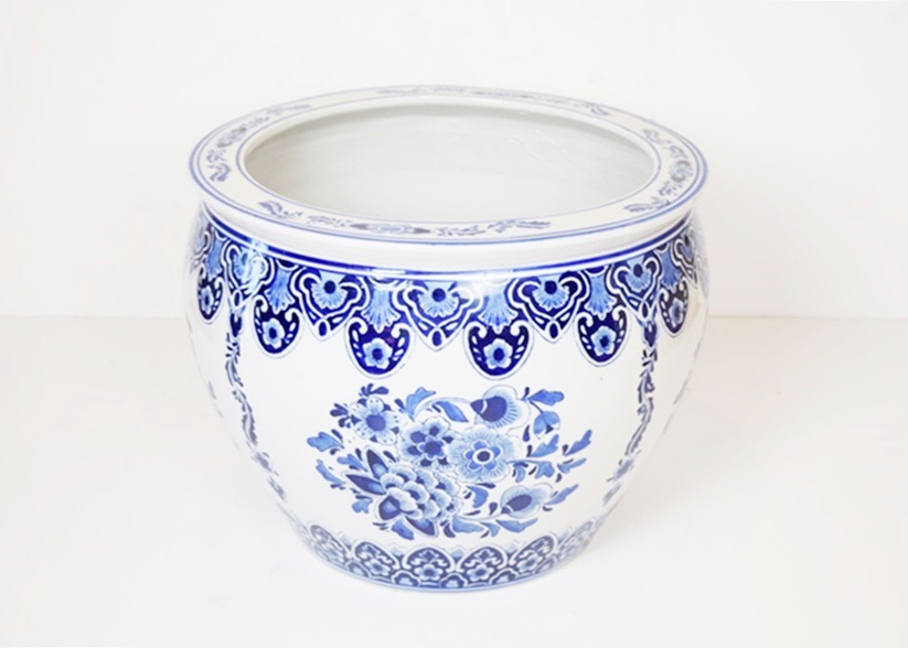 A Pair of Large Blue and White Ceramic Planters