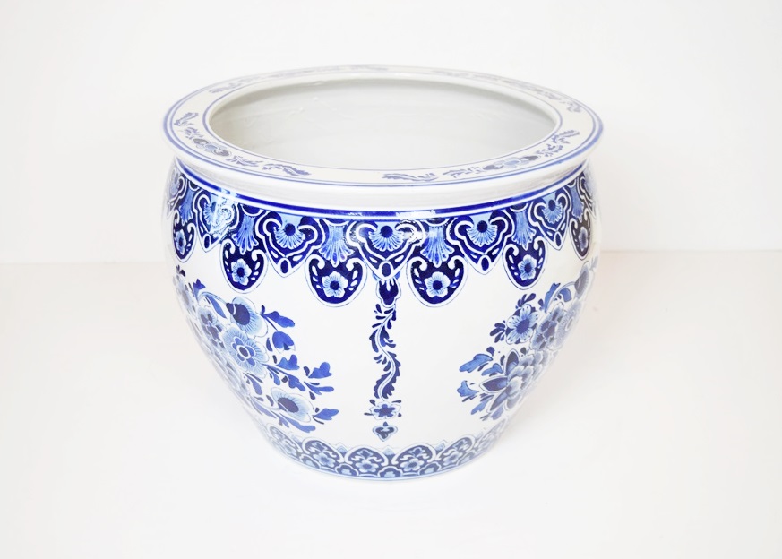 A Pair of Large Blue and White Ceramic Planters