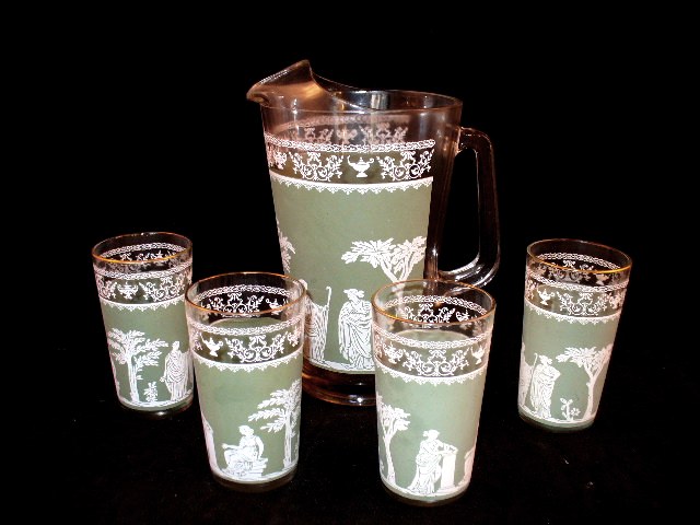 Wedgwood Style Water Pitcher and Four Matching Glasses