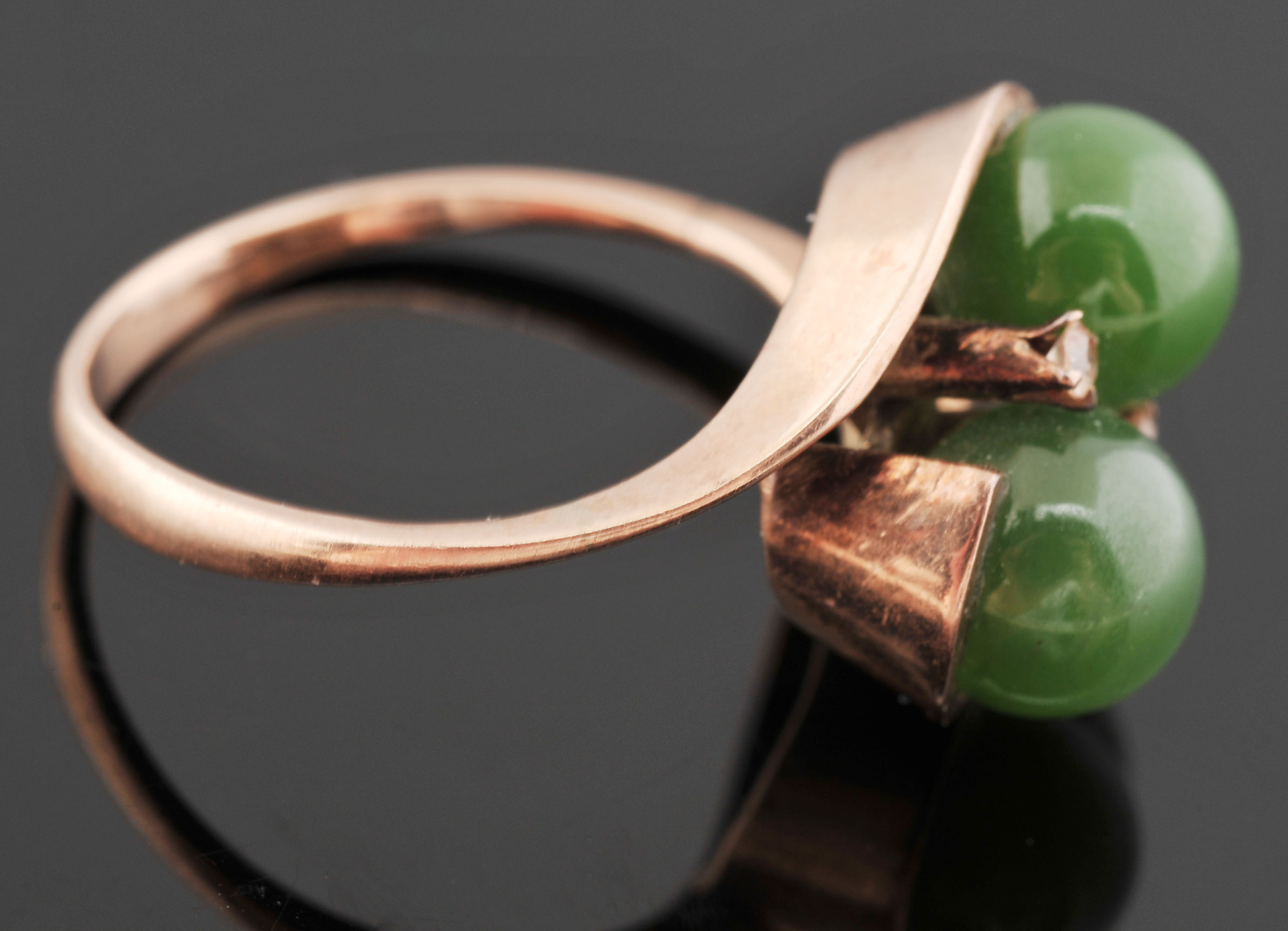 14 K Rose Gold Serpentine and Crystal Ring