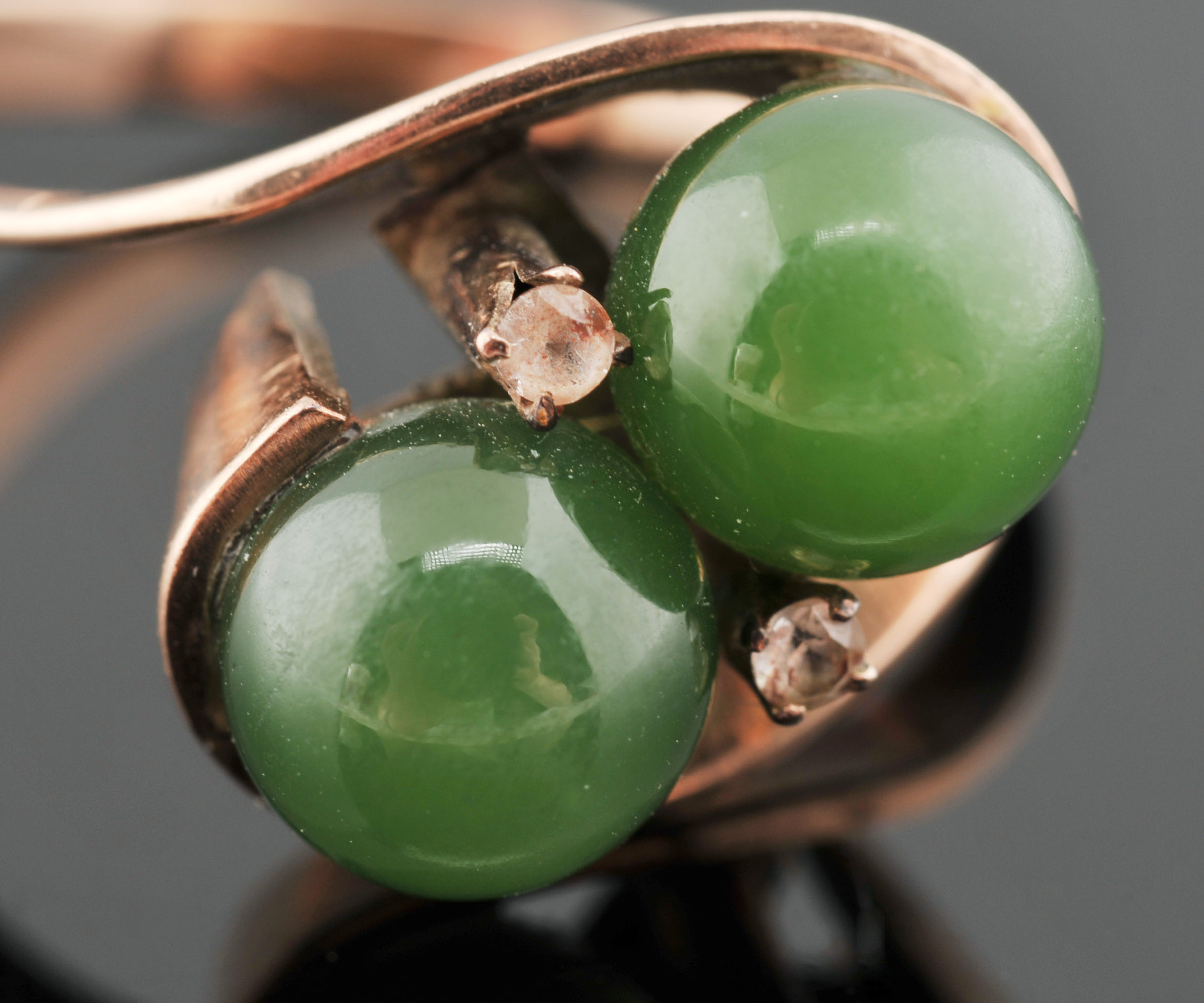 14 K Rose Gold Serpentine and Crystal Ring