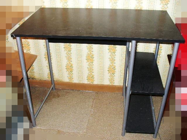 Black Wood Top Computer Desk with Gray Metal Legs and One Shelf