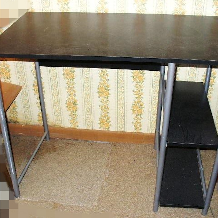 Black Wood Top Computer Desk with Gray Metal Legs and One Shelf