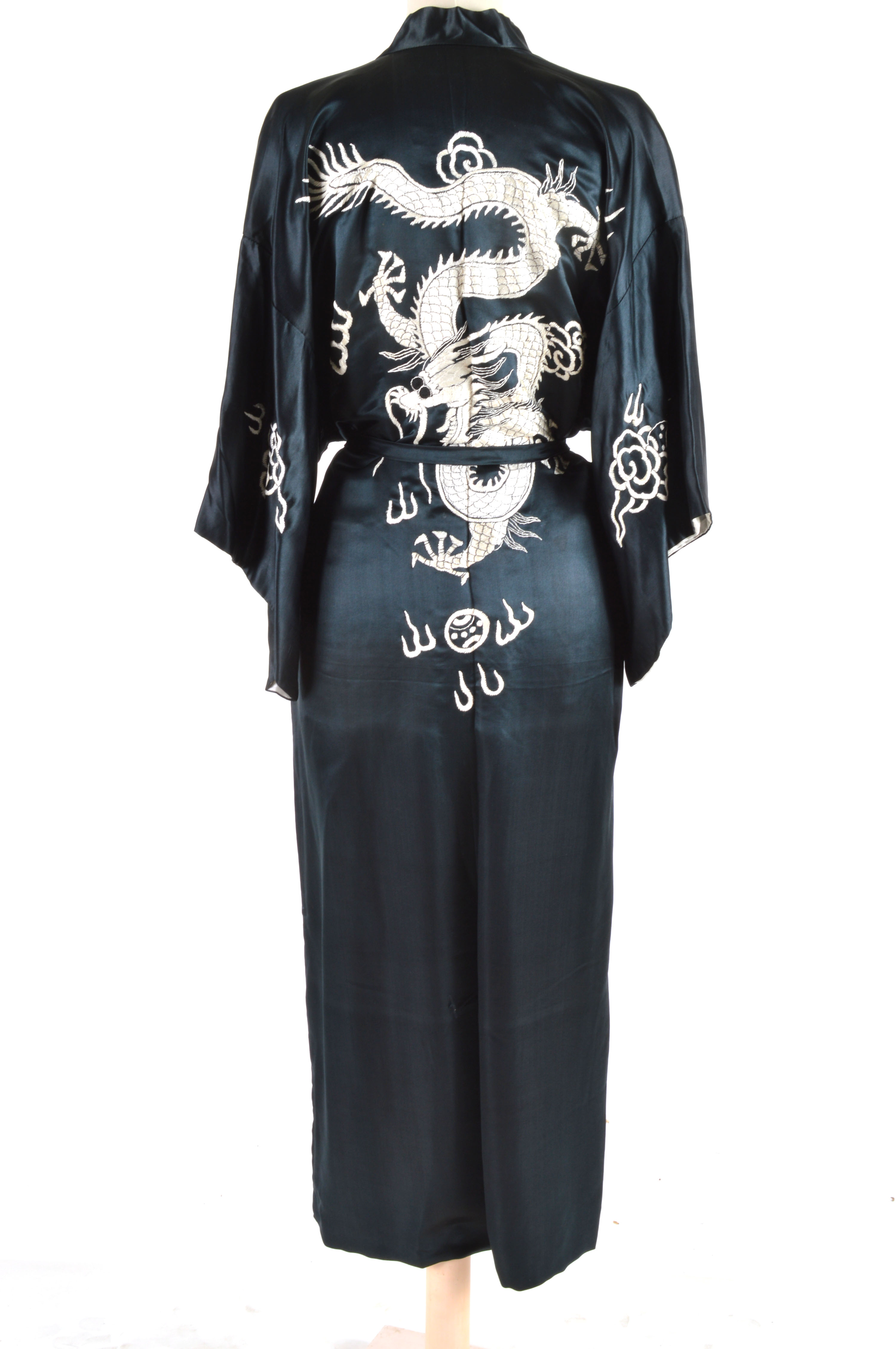 Vintage Chinese Hand-Embroidered Black and White Silk Robe 
