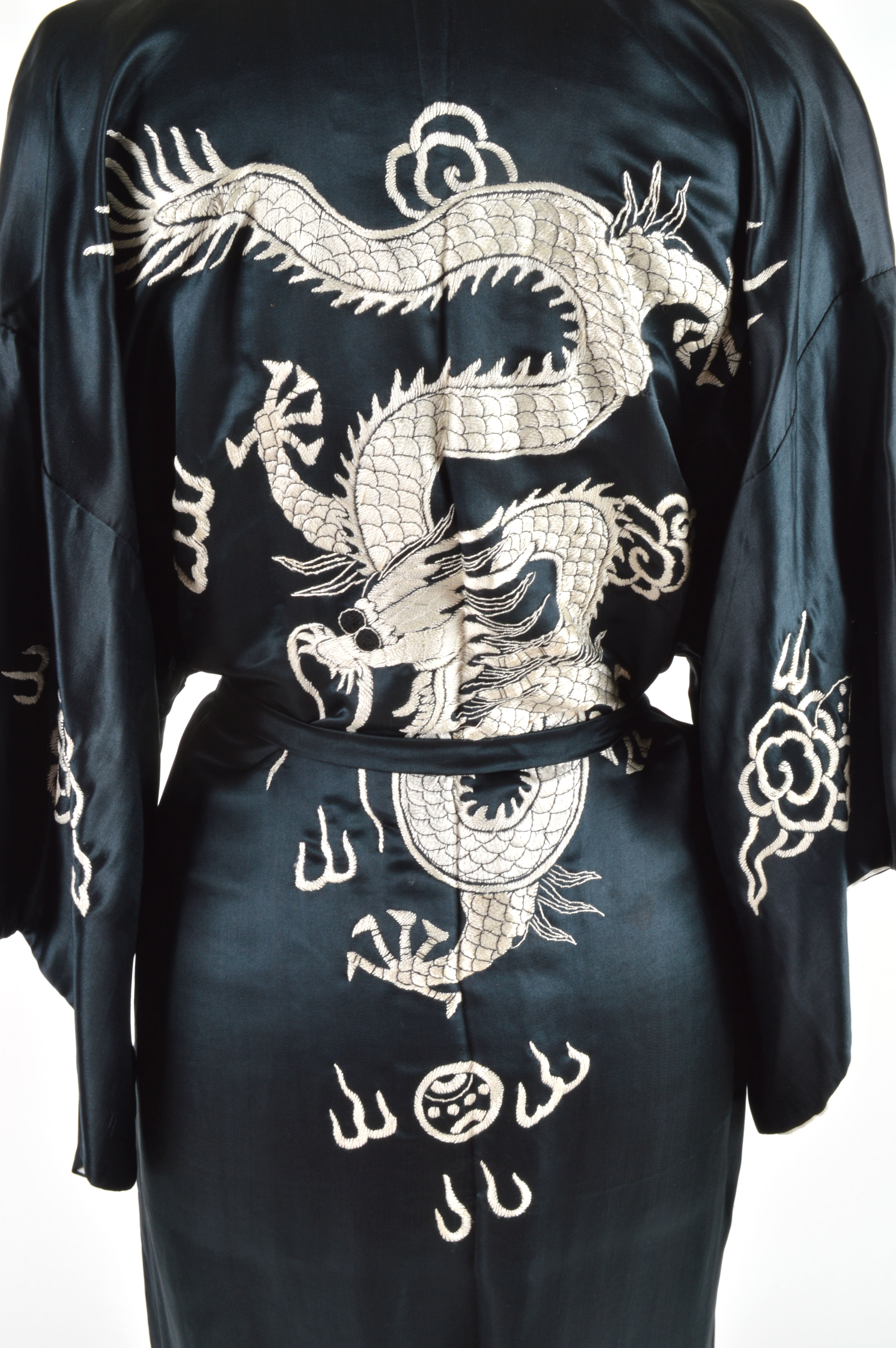 Vintage Chinese Hand-Embroidered Black and White Silk Robe 