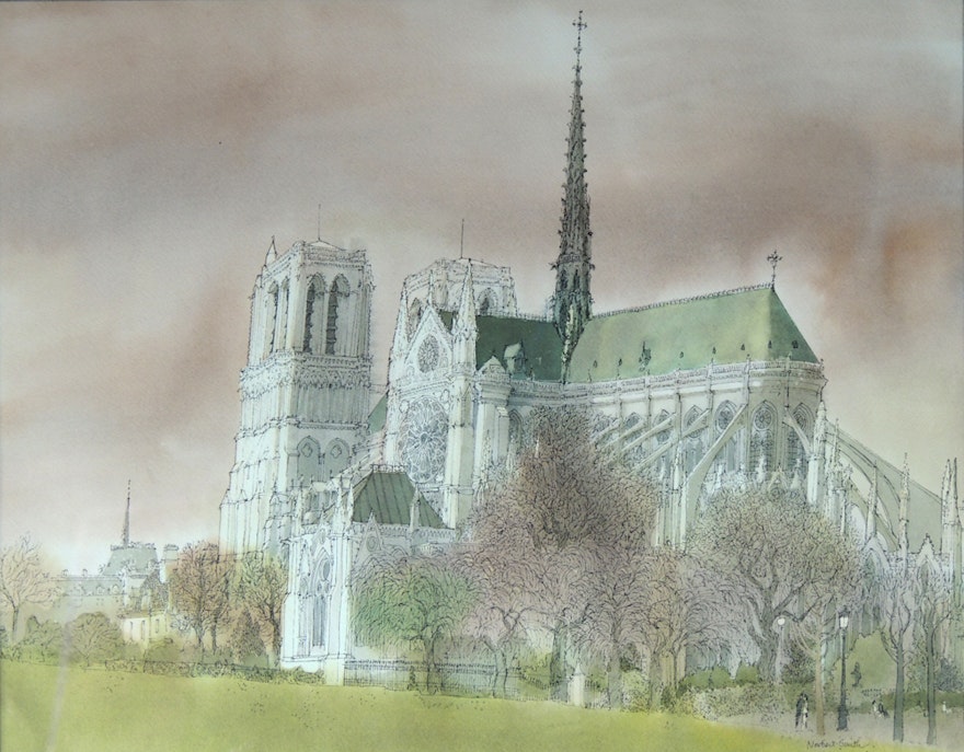 Original Watercolor and Ink of Notre Dame by Norbert Smith