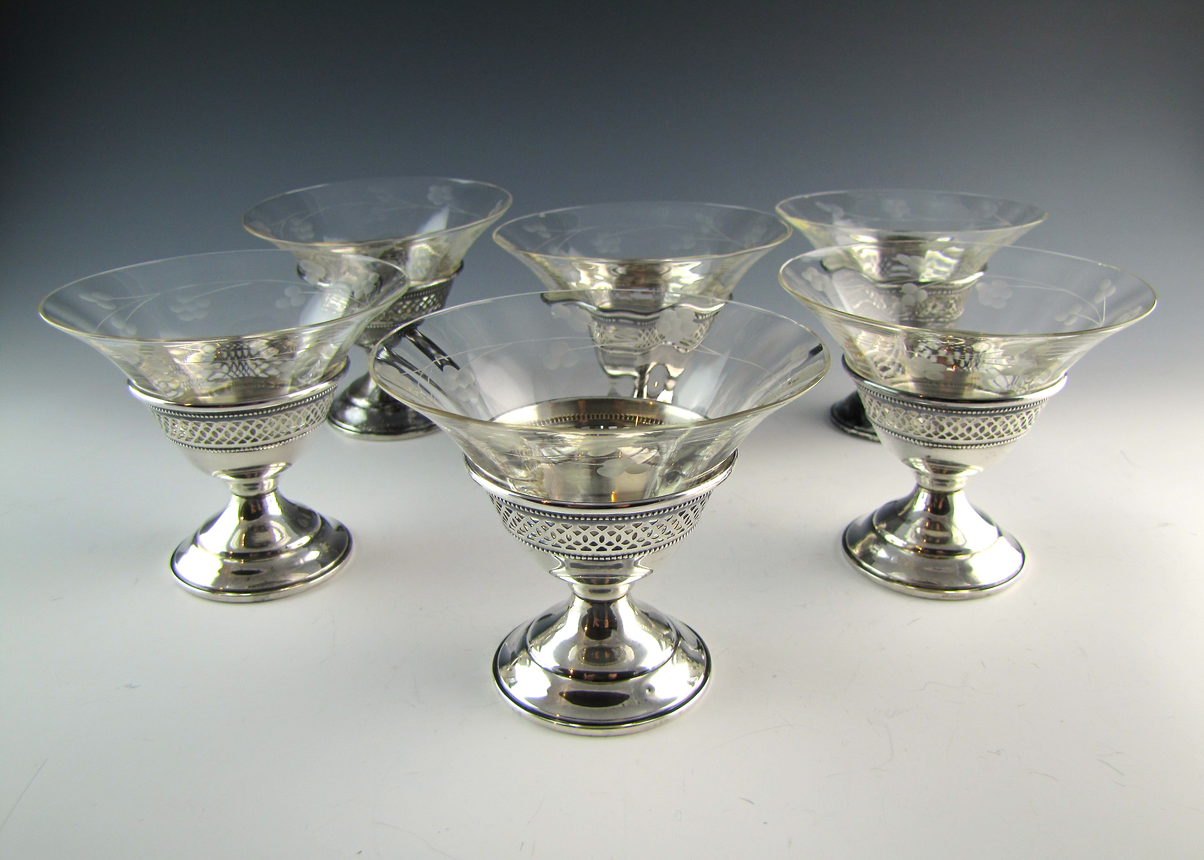 Antique Sterling Silver Dessert Cups With Glass Inserts (6)