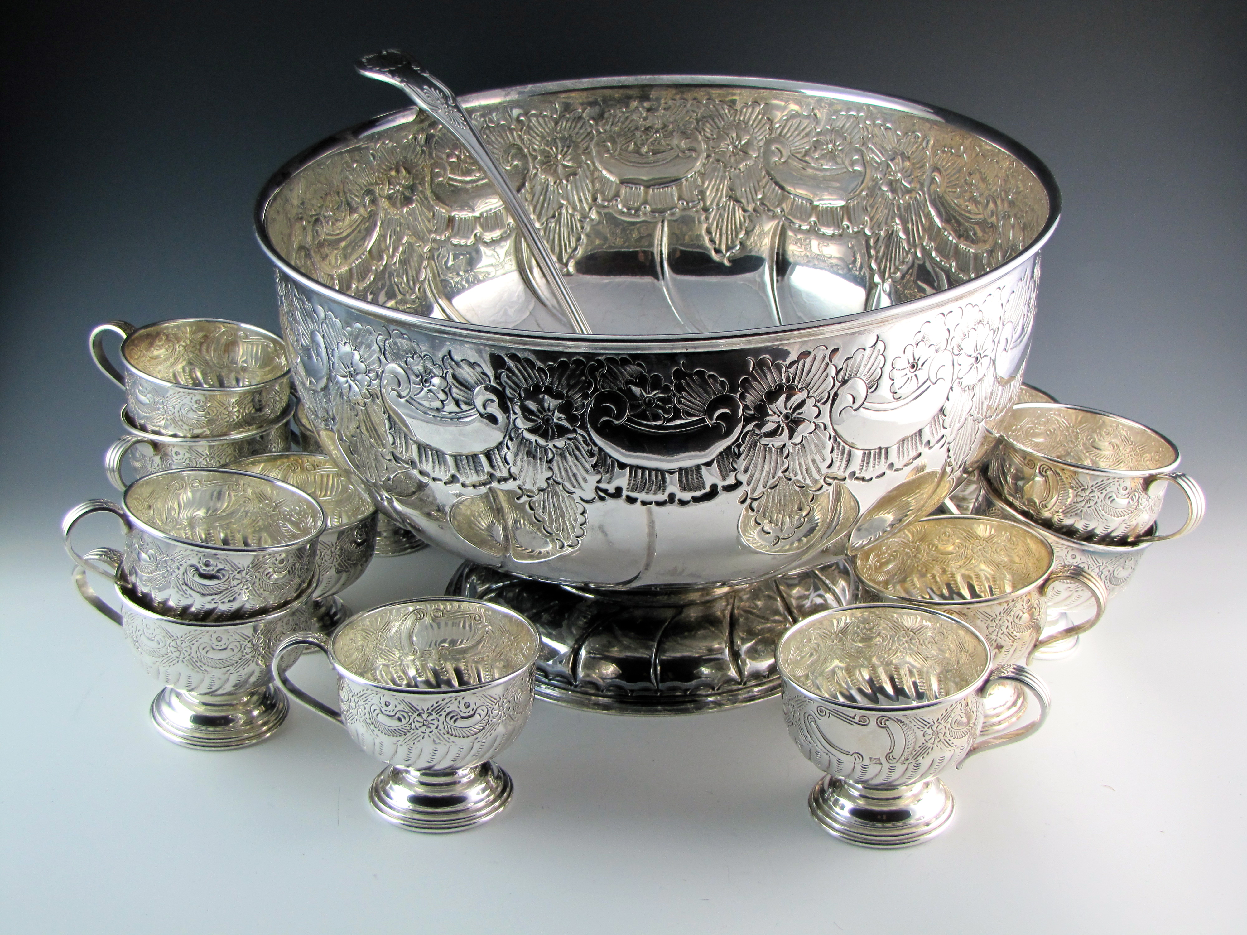 Old Sheffield Hand-Chased Punch Bowl with Twelve Cups