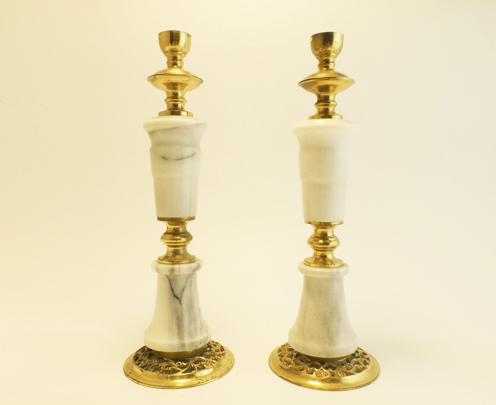 Pair of White Marble and Brass Candleholders