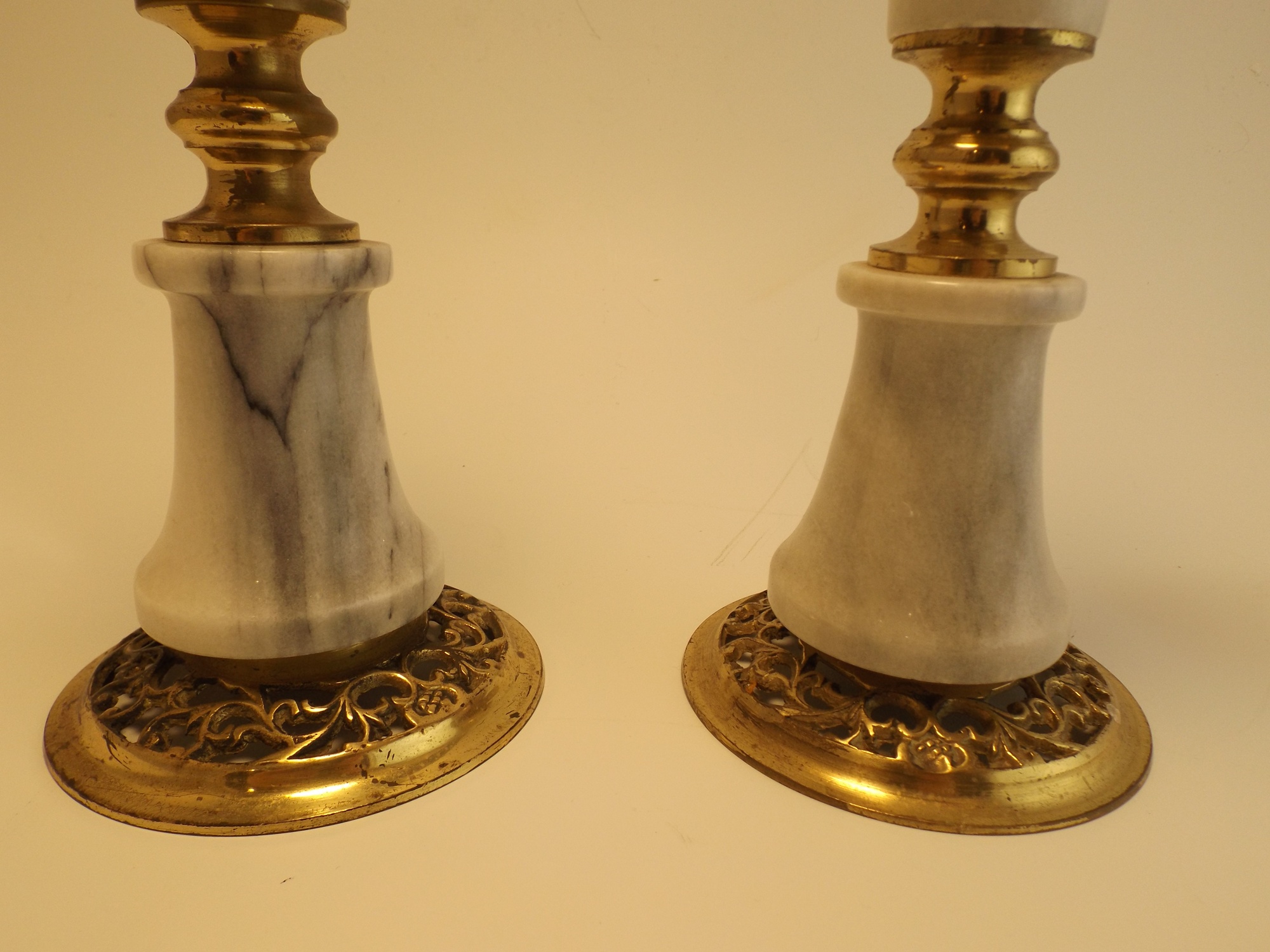 Pair of White Marble and Brass Candleholders