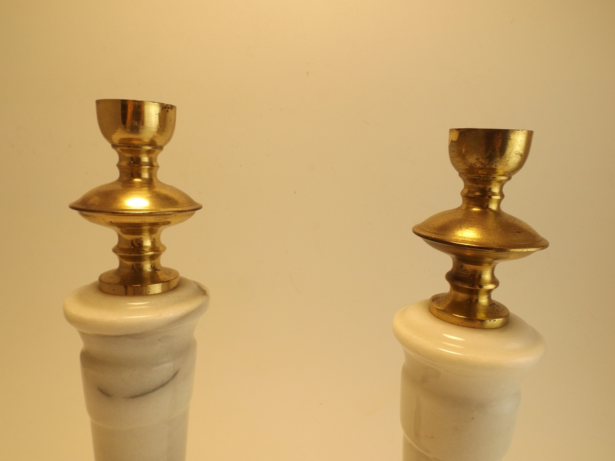 Pair of White Marble and Brass Candleholders
