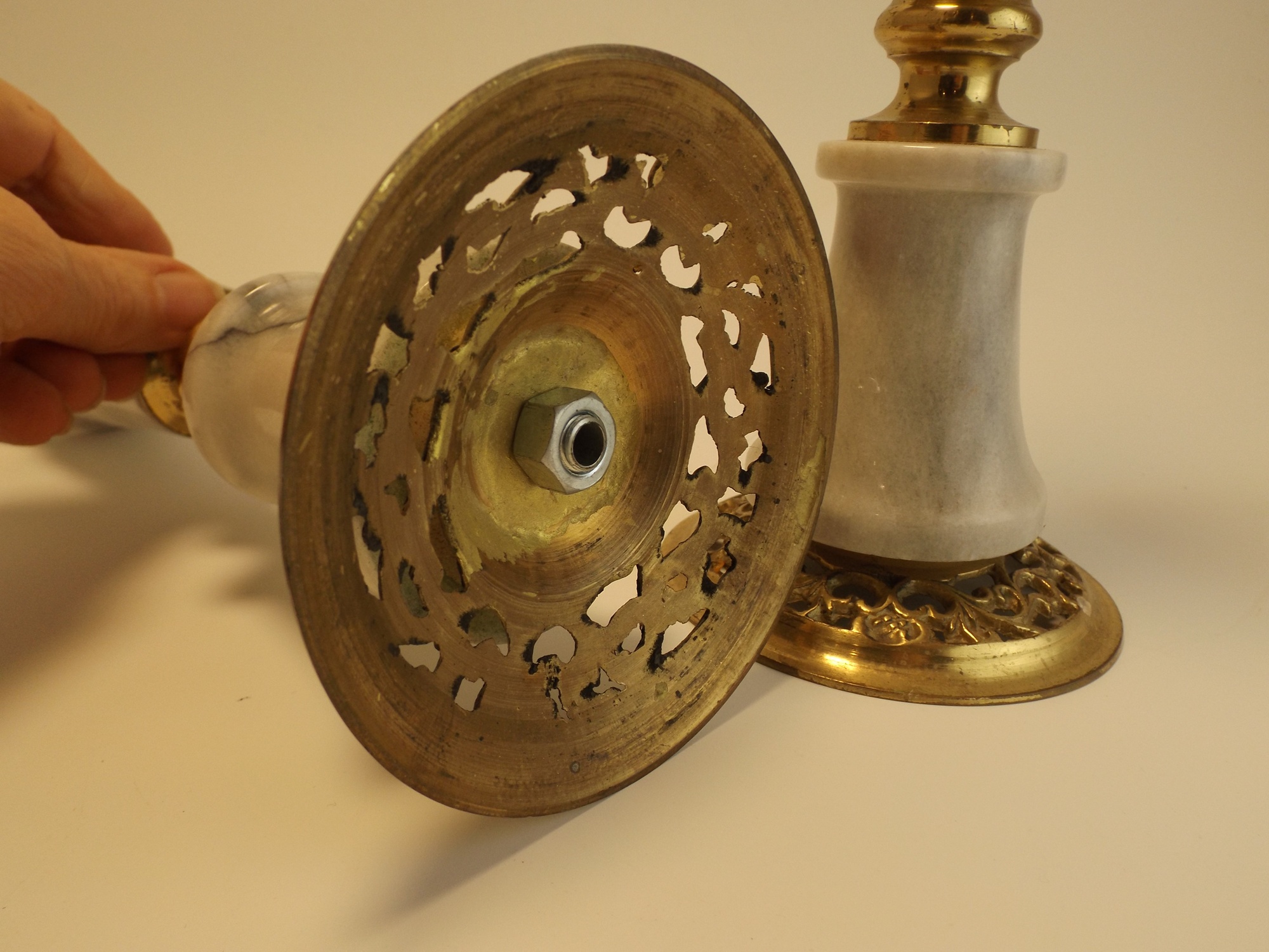 Pair of White Marble and Brass Candleholders