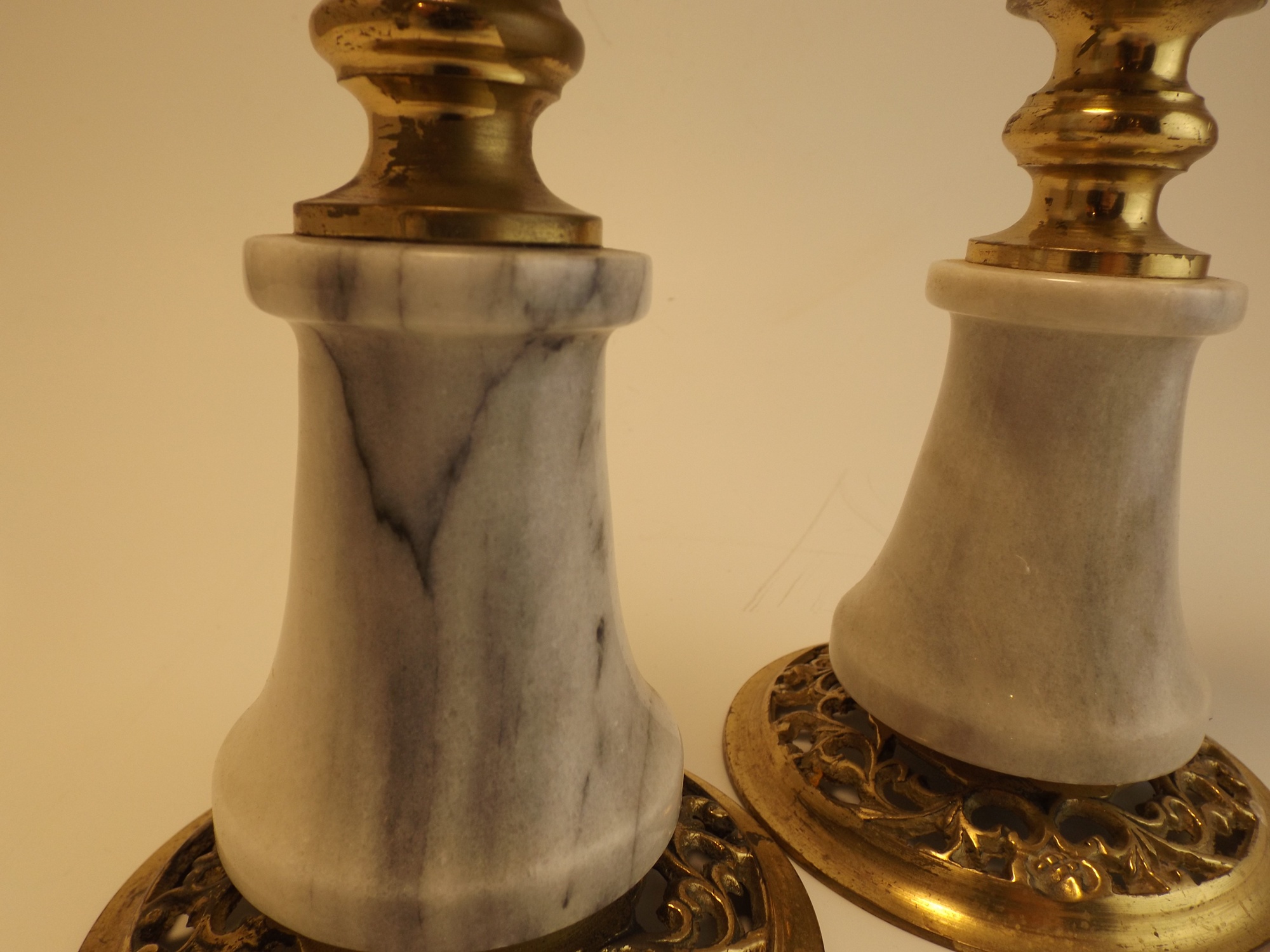 Pair of White Marble and Brass Candleholders