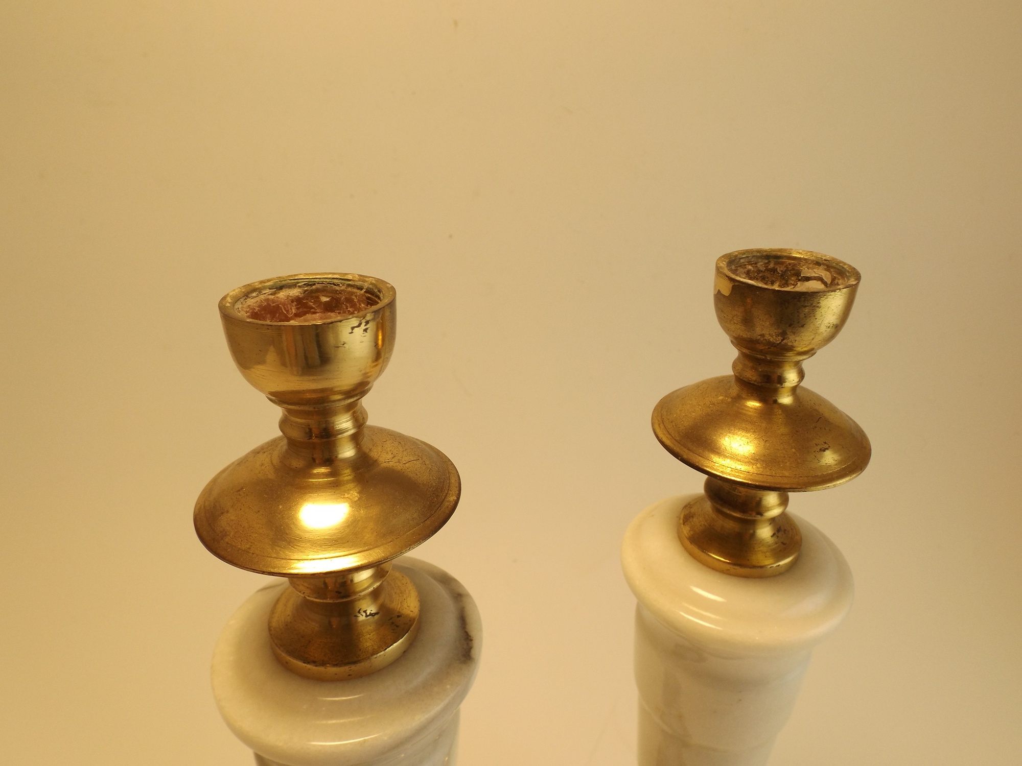 Pair of White Marble and Brass Candleholders