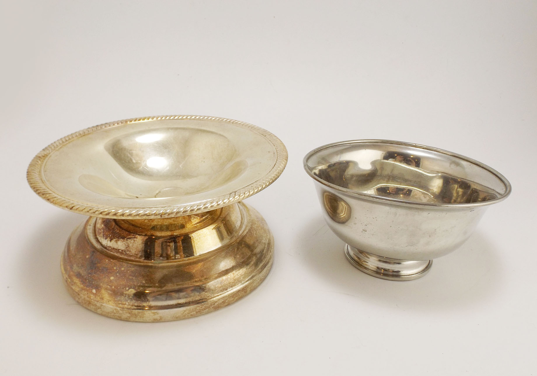 Pewter Bowls and a Silver Plate Compote