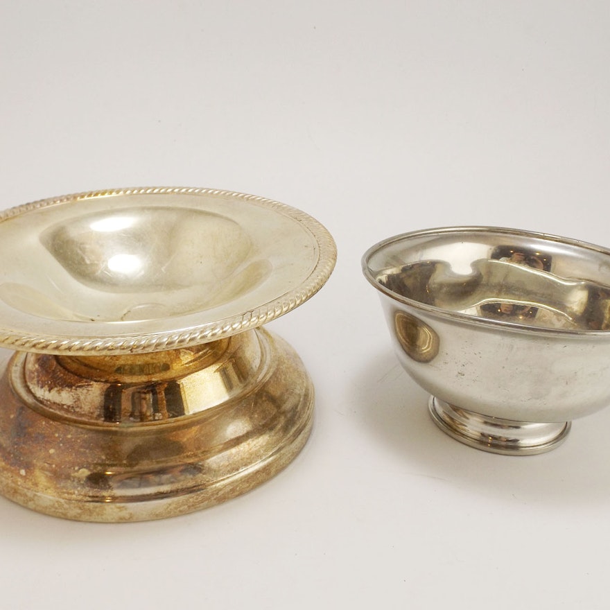 Pewter Bowls and a Silver Plate Compote