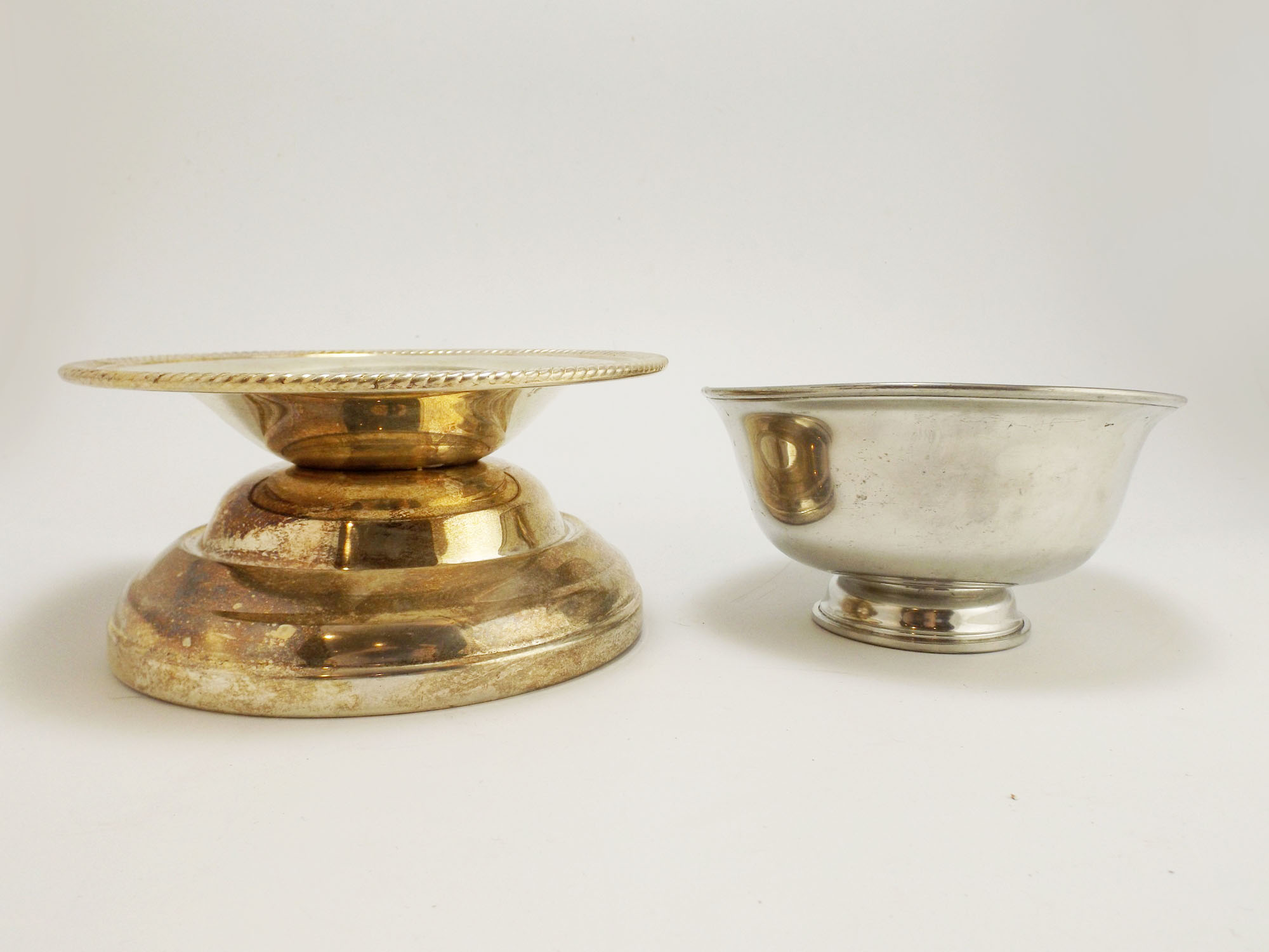 Pewter Bowls and a Silver Plate Compote