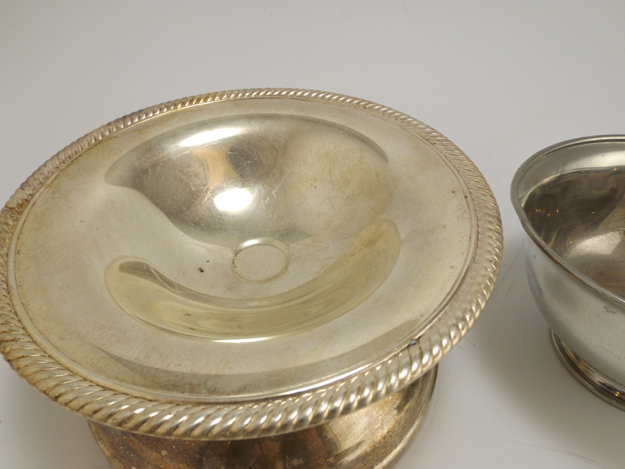 Pewter Bowls and a Silver Plate Compote