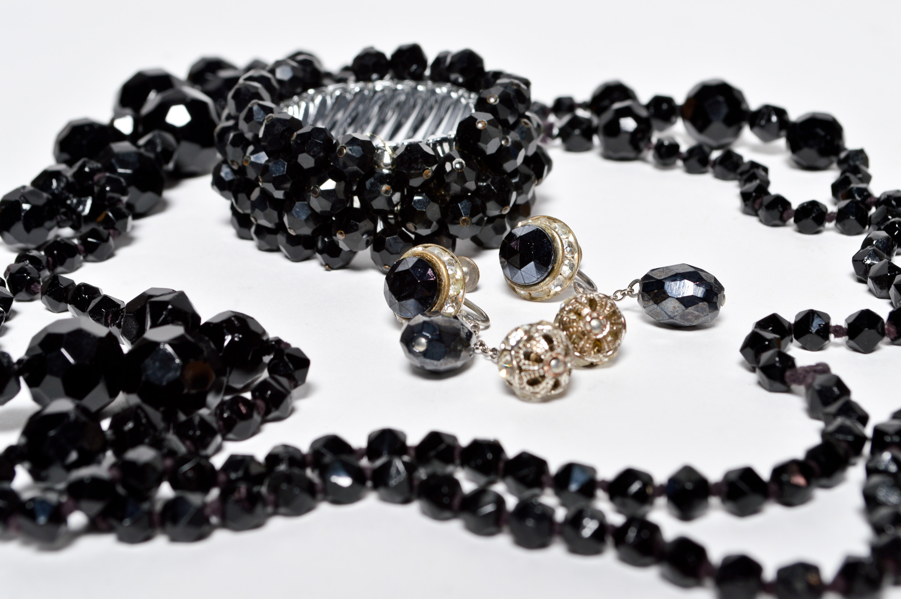 Vintage Black Beaded Necklace Bracelet and Earring Set 