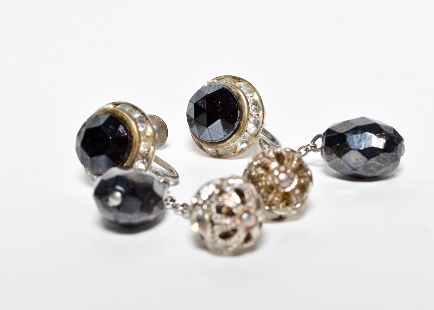 Vintage Black Beaded Necklace Bracelet and Earring Set 