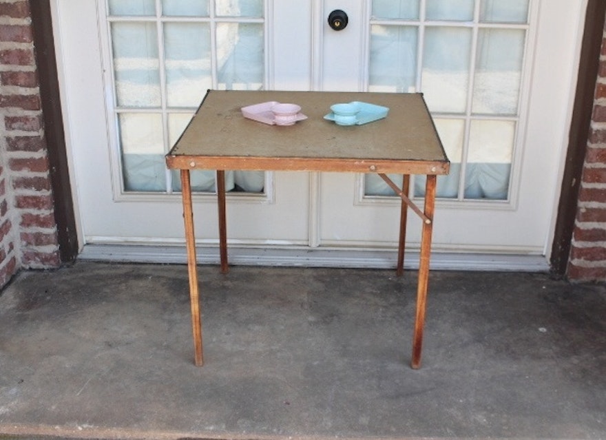 1920s "The Queen" Folding Card Table and 1950s Melmac Snackers