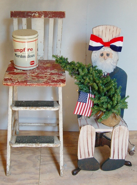 Vintage Tin 'Camp Marshmallows', Uncle Sam, and Wood Step Chair