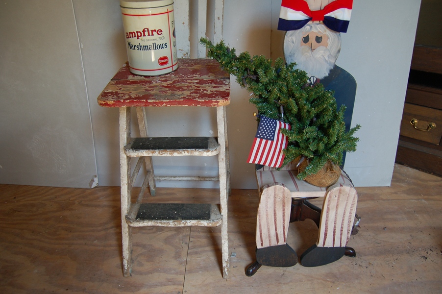 Vintage Tin 'Camp Marshmallows', Uncle Sam, and Wood Step Chair
