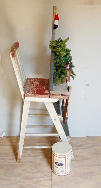 Vintage Tin 'Camp Marshmallows', Uncle Sam, and Wood Step Chair